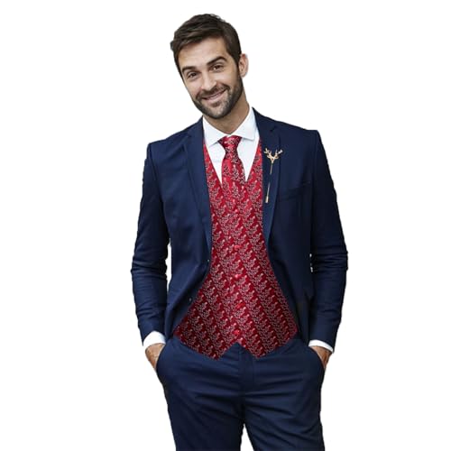 Christmas Men's Vest Tie Sets 6Pcs Suit Vest Tie and Bow Tie Pocket Square Cufflinks Lapel Pin for Men Holiday Party2