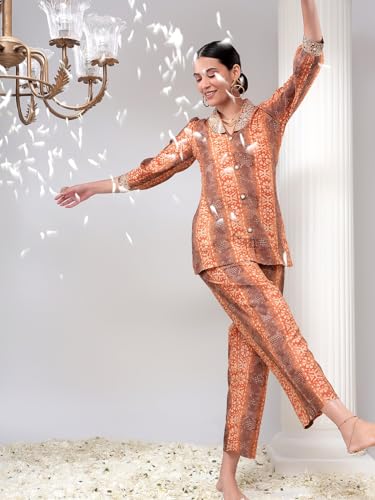 Image of Bani Women Printed Co-ord Set, Shirt and Trouser Set 2 Piece Outfit, 3 /4 Sleeves V Neck Collor with Mirror Work, Coord Sets for Womens,Western Dress, Stylish Design for All Occasions