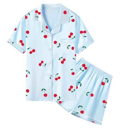 Image of Umeyda Women & Girls Pajamas Set, Soft Satin Lightweight Silk Button-Down Top with Shorts 2 Piece PJS for Mom Boys Kids Gifts