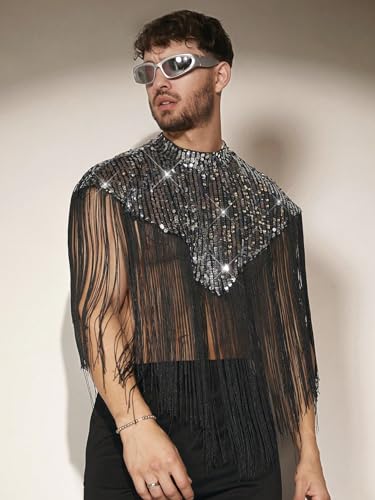 WDIRARA Men's Fringe Trim Mock Neck Sleeveless Sequin Party Hooded Vest Top4