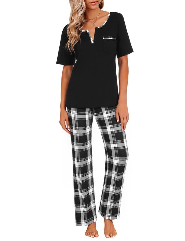 Marvmys Women's Pajama Set Short Sleeve Soft Plaid Pajamas Top and Pants Sleepwear Pjs Lounge Set S-2XL