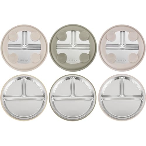 Image of PandaEar 3 Pack Stainless Steel Baby Suction Plates, Divided Toddler Plate for Baby Led Weaning Supplies, Non-Slip Toddler Baby Feeding Set Dishwasher Safe (Linen/Brown/Tan)