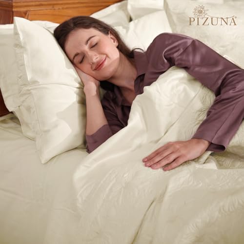 Image of Pizuna Luxurious Cotton Bedspread with 2 Pillow Covers, 400 Thread Count Long Staple Quilted Bed Spread with Soft Polyfill 102X102 Inch Embroidered Cover for Super King Bed, New Ivory