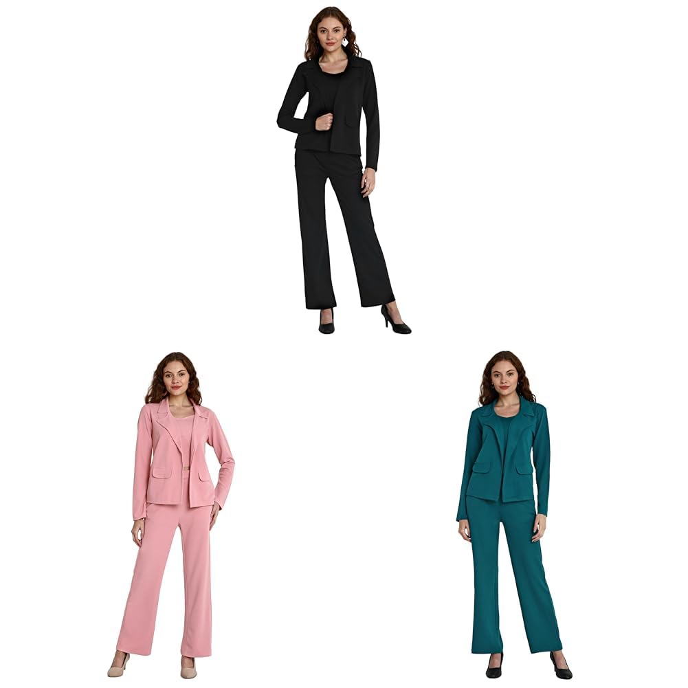 Women's 3-Piece Blazer Set (S, Black, Pink, Turquoise) - Regular Fit, Long Sleeve, Co-Ord Set, Professional Women, Formal Attire-image-46