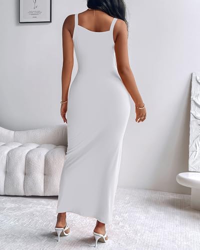 Image of Womens Bodycon Sexy Maxi Dress Soft U-Neck Spaghetti Strap Summer Slip Dress Solid Sleeveless Club Vacation Dress