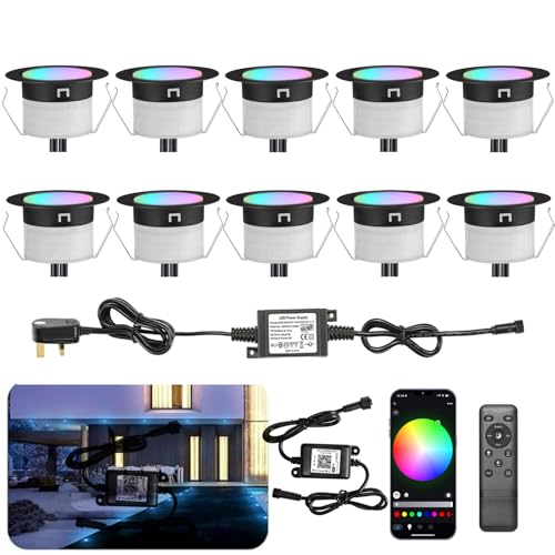 INDARUN RGBW WiFi Led Decking Lights Waterproof IP67 Ø31MM 12V - Bluetooth Led Plinth Lights for Terrace/Patio/Path/Wall/Garden/Decoration 10 Packs