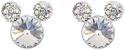 White Gold Plated Dainty Classic Animal Disney Mickey Mouse Stud Earrings with Round Shaped Birthstone Swarovski Cubic Zirconia Crystal Fashion Jewelry Gift for Girls (White)