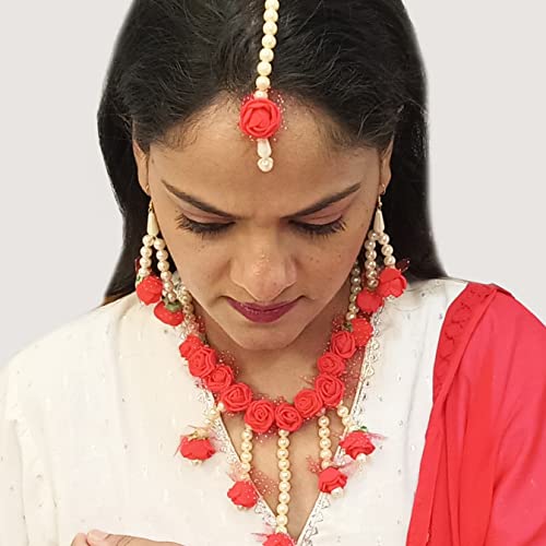 Efulgenz Flower Jewelry Set Floral Jewelry Indian Handmade Faux Pearl Beaded Necklace Earrings Maangtikka Bracelet Jewelry Set for Bridal Wedding Haldi Mehandi Jewelry for Women4
