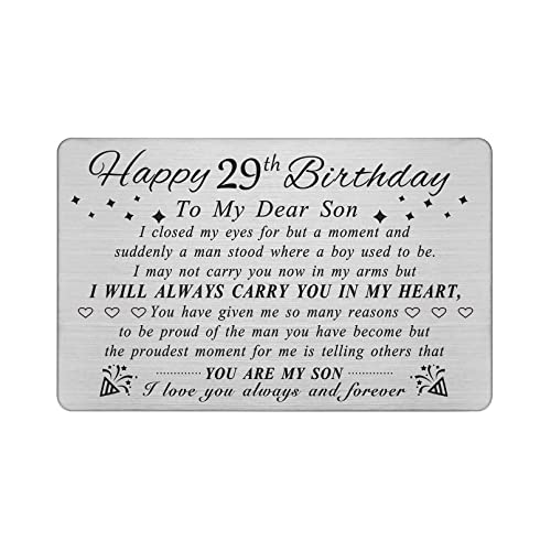DEGASKEN Son 29th Birthday Card - Happy Birthday Gifts for 29 Year Old Son, 29th Birthday Decorations for Men, Personalised Engraved Wallet Card