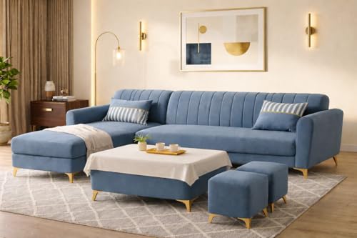 Image of Adorn India Premium Luster 8 Seater L Shape Sofa Set with 2 Puffy & 1 Center Table | Velvet Suede Fabric | 3-Year Warranty | LHS | Grey with Golden Legs & Striped Pattern Cushion