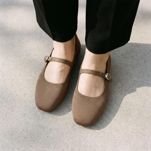 Image of FITORY Flats for Women, Mary Jane Ballet Square Toe Knit Ankle Strap Shoes
