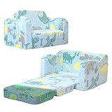 MeMoreCool Glowing Dinosaur Kids Chair, 2-in-1 Convertible Kids Couch Fold Out to Lounger, Glow-in-the-Dark Dino Sofa for Boys Ages 1-3, Soft Foam Flip-Out Seat with Washable Cover, Sky Blue