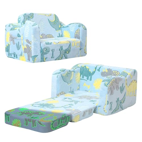MeMoreCool Kindersofa Ausklappbar, 2-in-1 Kleinkinder Schlafsofa, Kindersessel mit Schlaffunktion, Mini Couch für Kuschelecke Kinderzimmer, Fancy Spielsofa für Mädchen und Jungen, Blau Dinosaurier