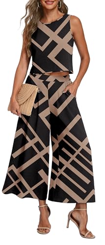 Lepunuo Womens Summer 2 Piece Outfits Sleeveless Crop Top Flowy Wide Leg Pants Matching Sets Vacation Beach Travel Outfits