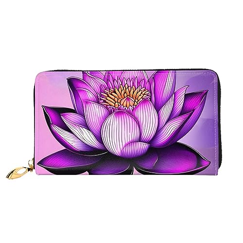 Portefeuille femme grande capacité noir Purple Lotus, format long 19x10 cm à fermeture éclair
