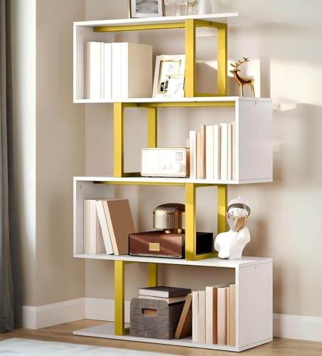 DWVO Geometric Bookshelf, 5-Tier Bookshelf S-Shaped Bookshelves, Modern Geometric Bookcase Freestanding Multifunctional Storage Shelving for Living Room Home Office,White Gold