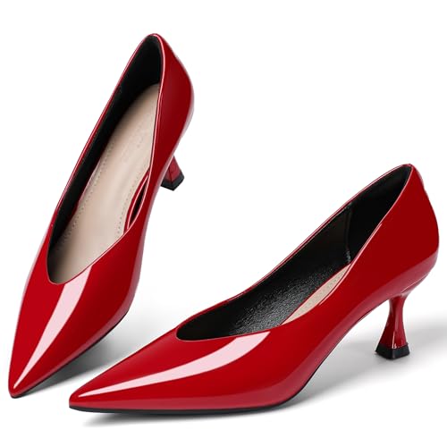 Women's Kitten High Heels 2 Inch Pointed Toe Leather Pumps Comfortable Slip On Wedding Party Work Pumps Shoes