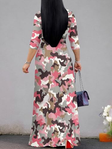 Image of Plus Size Dresses for Women Print Maxi Dresses 3 /4 Sleeve with Belt