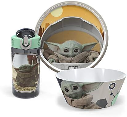Zak Designs Star Wars The Mandalorian Grogu Kids Dinnerware Set Includes Plate, Bowl, Water Bottle Non-BPA Made of Durable Material, Perfect for Kids (Baby Yoda, Grogu)