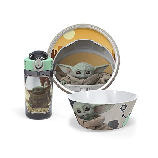 Zak Designs Star Wars The Mandalorian Grogu Kids Dinnerware Set Includes Plate, Bowl, Water Bottle Non-BPA Made of Durable Material, Perfect for Kids (Baby Yoda, Grogu)