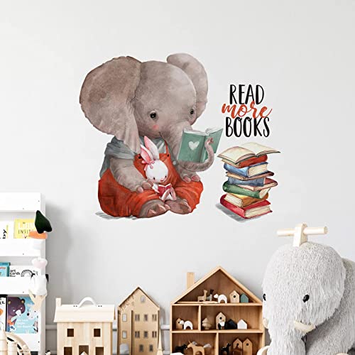 Mfault Inspirational Elephant Bunny Read More Books Wall Decals Stickers, Motivational Rabbit Animals Nursery Decorations Classroom Bedroom Art, Watercolor Neutral Toddler Kids Room Home Decor Gift #TOP2