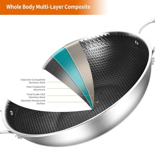 DELARLO Tri-Ply Stainless Steel Wok Pan With Lid 14 Inch Non stick,Woks & Stir-Fry Pans Nonstick 6QT Deep Frying Pan, Induction Saute Pan With Lid,Dishwasher and Oven Safe - Thumbnail 2