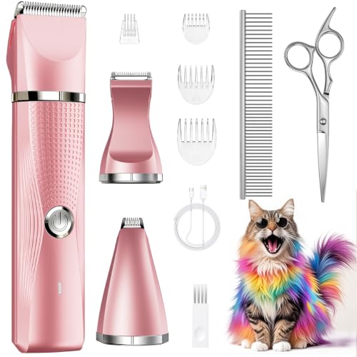Image of Cat Grooming Clippers Kit with Paw Trimmer, 3 in 1 Electric Pet Hair Trimmer Supplies for Thick Matted Hair, Heavy Coat Butt Shaver Cat Razor Fur Trimmer for Dogs at Home (Pink)