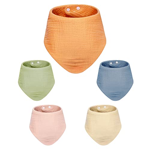 Image of KISREL Bibs 5 Pack, Baby Bibs for Girls and Boys, Muslin Bibs 100% Cotton for Baby Boy and Baby Girl, 5 Solid Colors Drool Bibs for Teething and Drooling