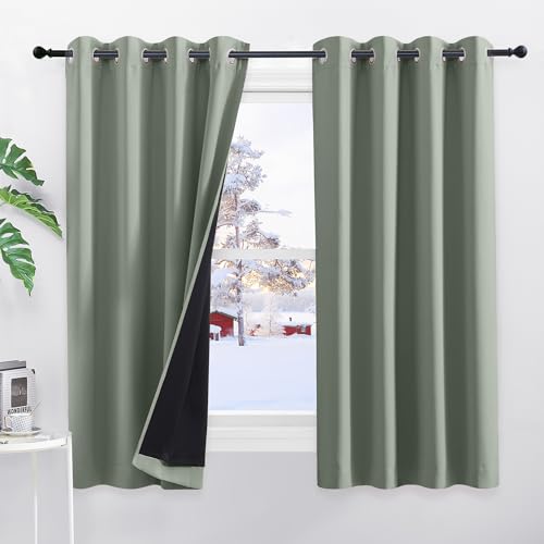 PONY DANCE 100% Blackout Curtains with Liner - Double-Layer Thermal Insulated 52x63 Inch Bedroom Curtains, Energy Saving & Noise Reducing, Sage Green Eyelet Window Drapes (Set of 2 Panels)