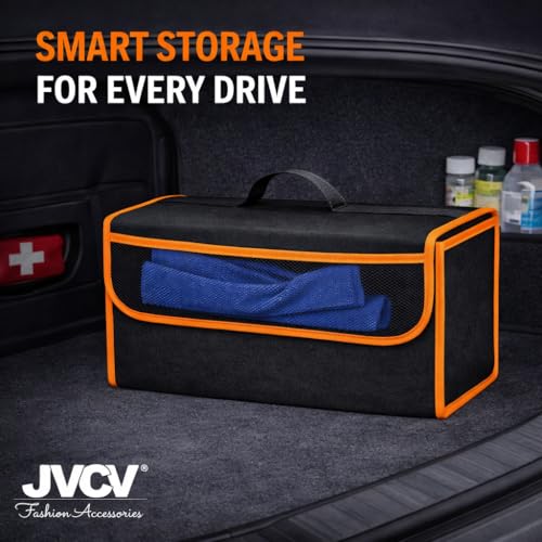 Image of JVCV Car Trunk Organizer Storage Bag with Mesh Pocket | Foldable Boot Storage Box | Durable Anti Slip Black Organizer | 29x50x17 cm | Multipurpose Car Storage (Large - Black Orange)