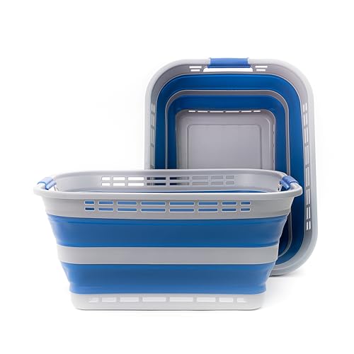 Image of SAMMART 42L (11 gallons) Collapsible Plastic Laundry Basket - Portable Pop Up Storage Container /Organizer - Portable Hamper - Space Saving Easy Storage (Grey /Mist Blue (Set of 2))