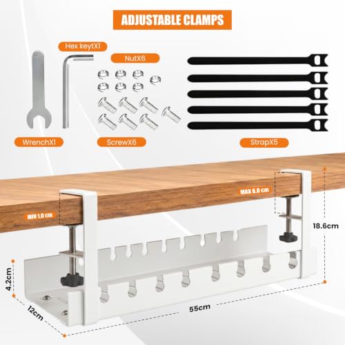 Image of Dyazo Adjustable Under Desk Cable Management Tray | No Drill Clamp-On Rack | Expandable 28.5-55cm Holder for Extension Board, Power Strip & Charging Cable | Heavy-Duty Metal Wire Organizer Shelf-White