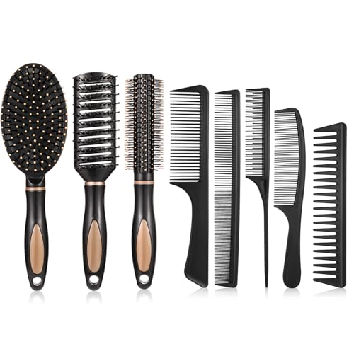 Halinuia 8 Articoli Set Spazzole Capelli, con Spazzola per Ricci, Set di Spazzole Rotonde, Pettine per Parrucchieri, Adatto sia per Uso Domestico che in Viaggio, Adatto a Tutti I Tipi di Capelli