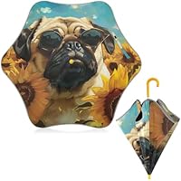 CHIFIGNO Funny Sunflower Field Pug Dog Kids Umbrella Boy Girl Windproof Umbrellas for Rain with Reflective Strip UV Protection Umbrella