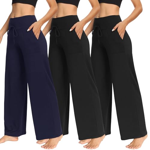 TNNZEET 3 Pack Women's Wide Leg Pants with Pockets - Casual Loose Yoga Trouser Pants Sweatpants Palazzo Lounge Pajama Pants