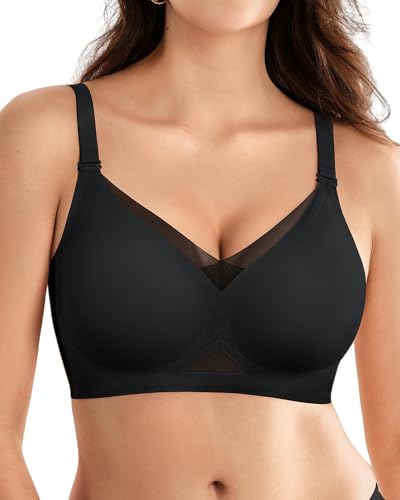 SHARICCA Damen BH ohne Bügel mit V-Ausschnitt Mesh Nahtloser Push Up T-Shirt BH Nahtloser Bügelloser Bralette Gepolstert Wireless Bralette,Dunkel,M