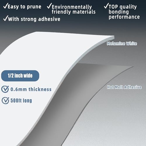 Image of Melamine Edge Banding, 1 /2 inch x 500ft roll of Veneer White Edge Banding Pre-glued, Real Wood Tape Banding for Cabinet Repair Furniture Restoration, (ZYJT-1 /2-500-MEWhite)