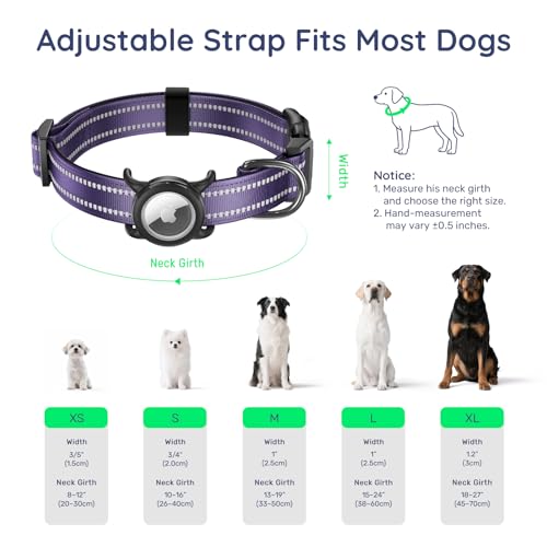 Image of Reflective Dog Collar with AirTag Holder, Waterproof Dog Collar with QR Code, Heavy Duty Adjustable Pet Collar for Small Medium Large Dogs, Purple
