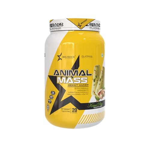 Image of BIG ROCK NUTRITION Animal Mass Weight Gainer Protein Powder for Men and Women, Increase Stamina with Natural Protein & Carbs (Kesar Pista, 1Kg /2.2Lbs, 20 Servings)