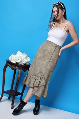 Image of POPWINGS Casual Check Print Long Flare Skirt for Women | Cotton Skirt for Women Skirt for Women