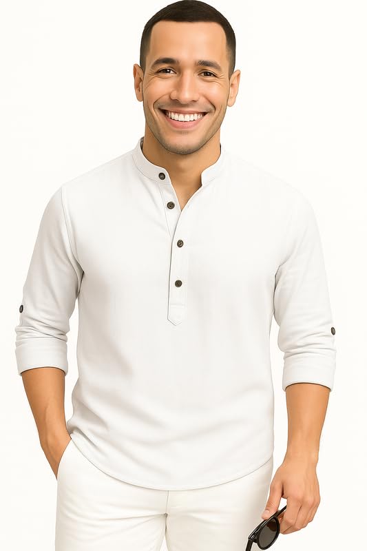 Image of DEEMOON Men's Cotton Blend Solid Regular Fit Full Sleeve Short Kurta | Men's Trendy Short Kurta