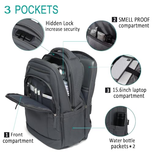 Smell Proof Backpack with Lock,Water Resistant Smell Proof Bags Travel Laptop Backpack,Large Capacity Carbon Enduring Smell Proof Stash Bag with Lock for Men Women(Grey)2