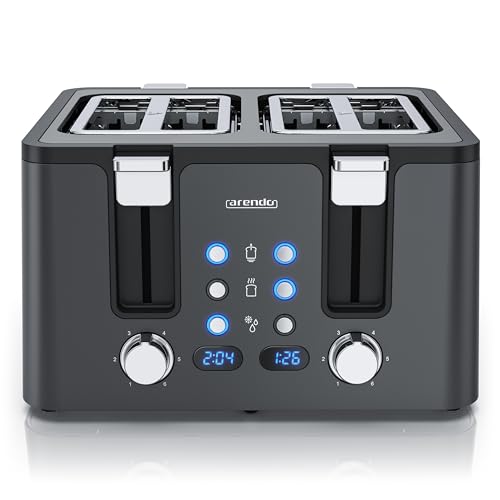 Arendo - Toaster 4 Scheiben Edelstahl - mit Brötchenaufsatz - 4 Schlitze - LED Anzeige Restzeitanzeige – Doppelwandgehäuse - Defrost Funktion - Krümelschublade - 6 Bräunungsgrade - Cool Grey Design