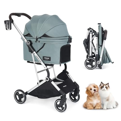 Image of Pet Stroller Dog Cat Stroller for Small Medium Dogs Cats, 4 Wheels Travel Folding Carrier Waterproof Puppy Stroller with Pad, Canopy and Cup Holder, Green