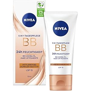 NIVEA 5 IN 1 Tagespflege BB 24h Feuchtigkeit LSF 15, getönte Tagescreme für mittlere bis dunkle Hauttypen, Gesichtscreme mit Bio Jojoba-Öl und Make-Up Pigmenten
