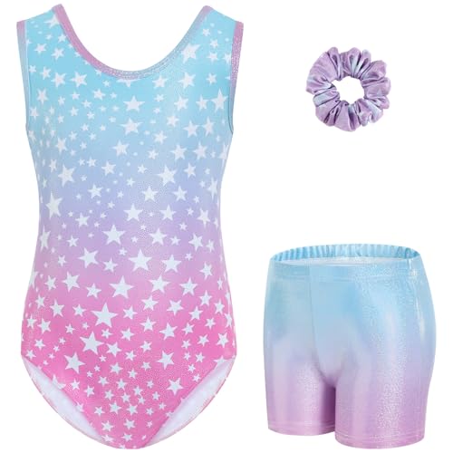 Gogokids - Set da ginnastica in 3 pezzi, con scollo a Y, senza maniche, con pantaloncini e fascia, con motivo a blocchi di colore blu e viola, 3-12 anni, Colore: rosa., 120(110-120 cm,6-7Y)