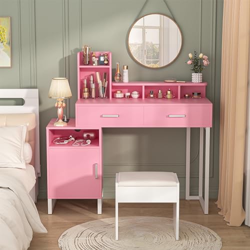 Pink Small Vanity Desk with Power Outlet and Storage Shelves
