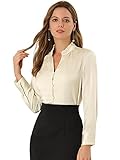 Allegra K Women's Ruffled Stand Collar Shirt Long Sleeve Button Elegant Satin Blouse X-Large Beige