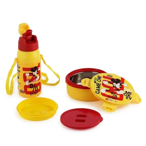 Image of CELLO Kidzbee Star Gift Set Combo for School Kids, Yellow | 3D Touch & Feel Mickey Design Airtight Clip Lock Insulated Lunch Box 390ml with Leak Proof Flip Top Sipper Water Bottle for Kids Boys Girls