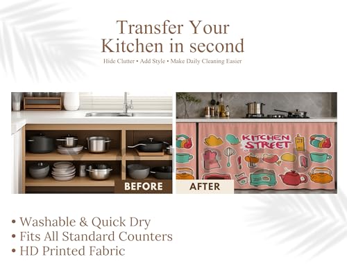 Image of Under Sink & Counter Curtain for Modular Kitchen - Printed Fabric Rod Pocket Hanging Skirt, Washable Under-Counter Cover, Pack of 2 Panels (Each Panel: 150 x 70 cm) (Kitchen Street)